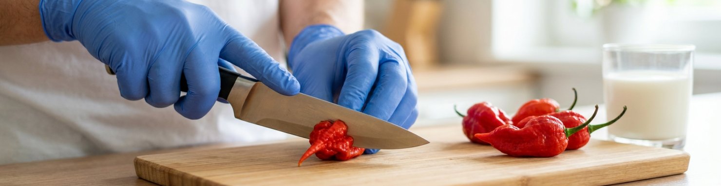 Manipulation d'un piment Carolina Reaper avec des gants de protection sur une planche à découper