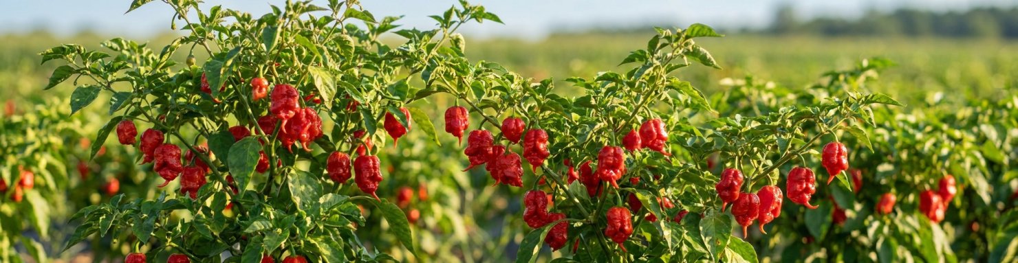 Plants de Carolina Reaper chargés de piments rouges ridés à queue pointue dans un champ de Caroline du Sud