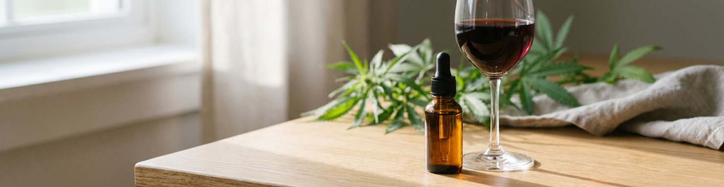 Flacon d'huile de CBD et verre de vin rouge sur une table, effets du mélange CBD et alcool sur l'organisme