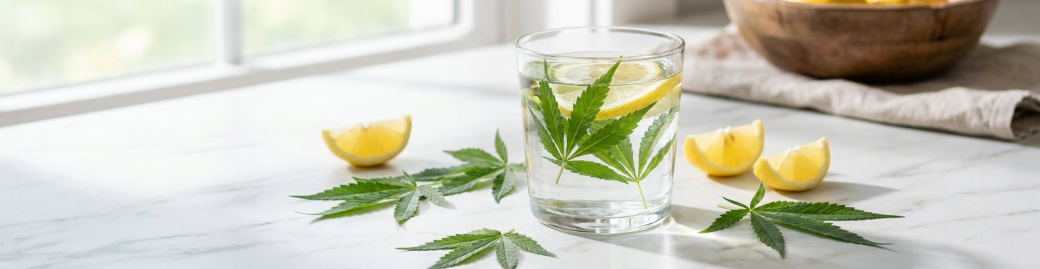 Verre d'eau avec feuilles de chanvre et citron, évoquant le foie et le métabolisme du CBD et de l'alcool