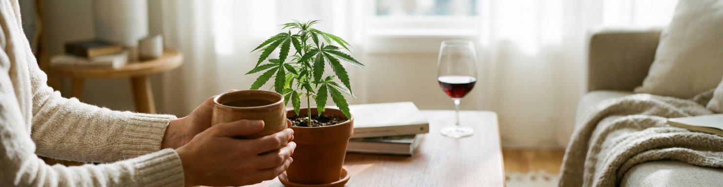 Tasse d'infusion de chanvre et verre de vin mis de côté, réduire ou arrêter l'alcool avec le CBD