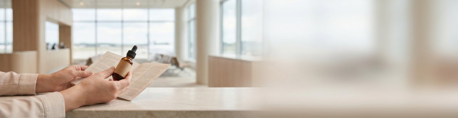 Voyageur tenant un flacon de CBD et un document dans un hall d'aéroport