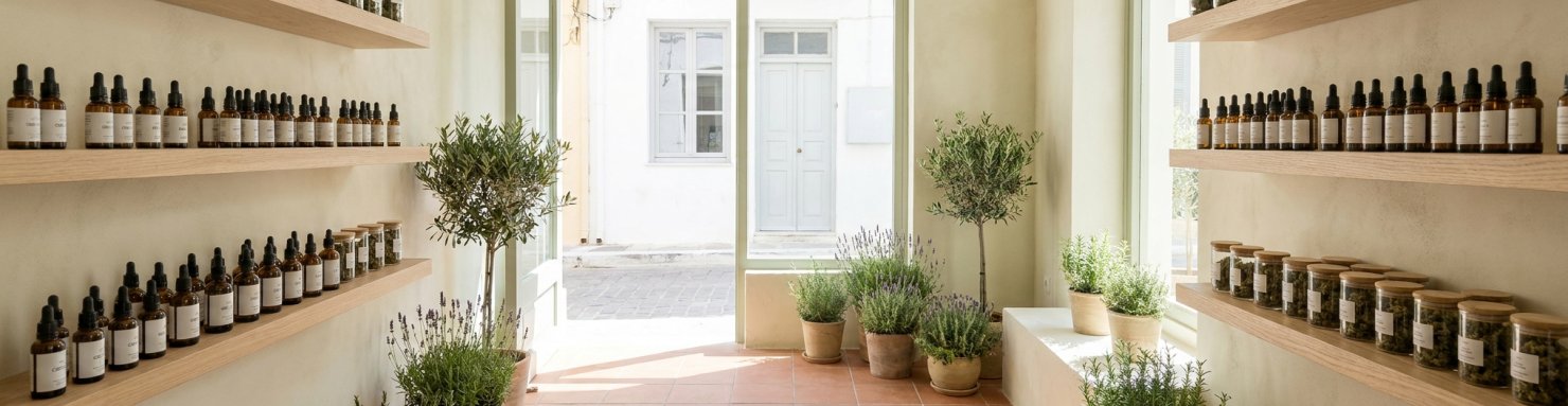 Intérieur d'une boutique CBD crétoise, fleurs CBD et huiles légales en Crète