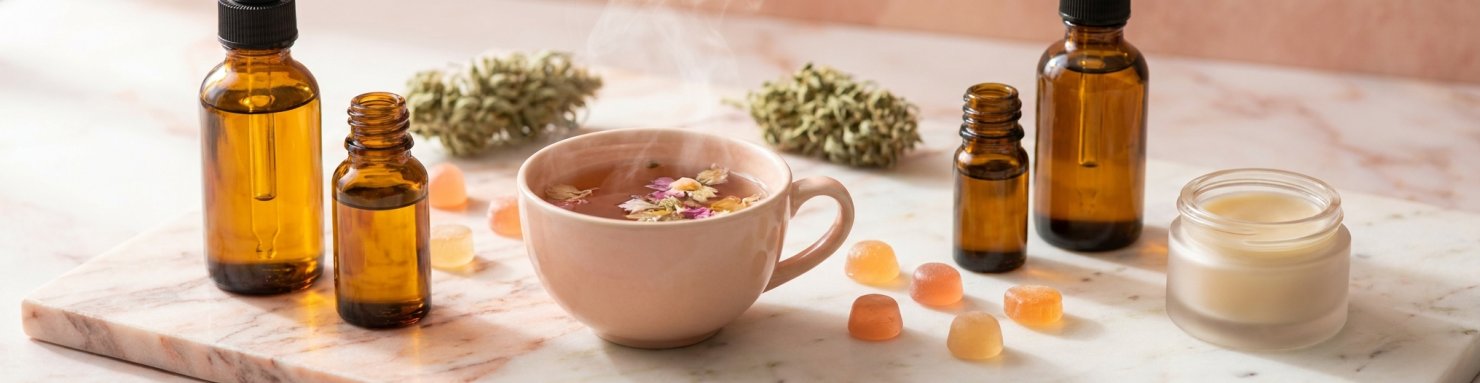 Formes de CBD étudiées pour le confort féminin : flacons d'huile, infusion de fleurs CBD, gummies et baume cosmétique
