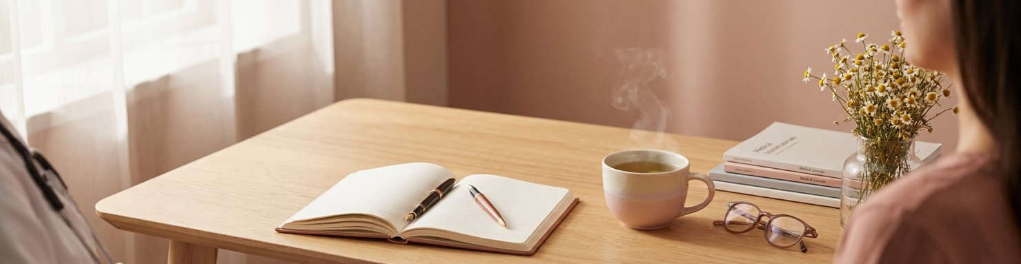 Précautions pour utiliser le CBD avec une endométriose : bureau de consultation médicale avec carnet, tisane et revues scientifiques