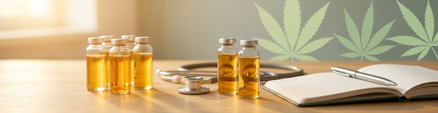 Recherche scientifique sur le CBD et l'endométriose : éprouvettes d'huile CBD, stéthoscope et carnet de notes médicales