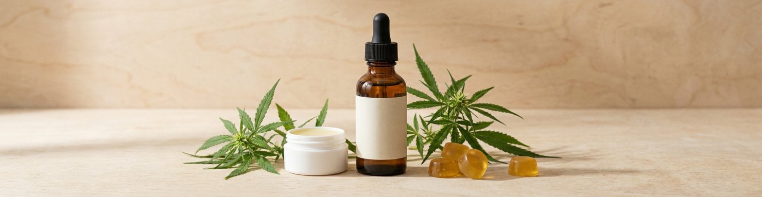 Différentes formes de CBD pour le mal de dos : huile sublinguale, baume topique et gummies oraux