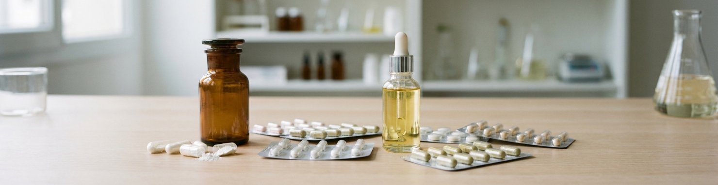 Blisters de médicaments et flacon d'huile CBD sur paillasse de laboratoire illustrant l'interaction médicamenteuse avec le cytochrome P450