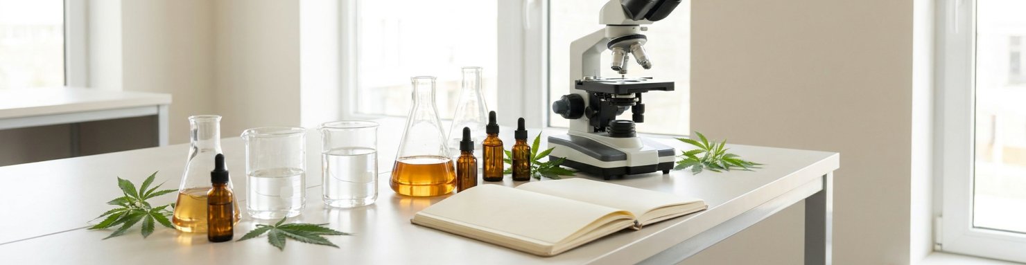Paillasse de laboratoire avec microscope, flacons et feuilles de chanvre, recherche sur le CBD et l'anxiété