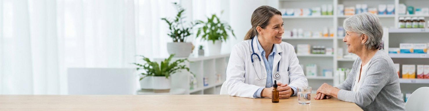 Senior en consultation avec un pharmacien, précautions CBD et avis médical