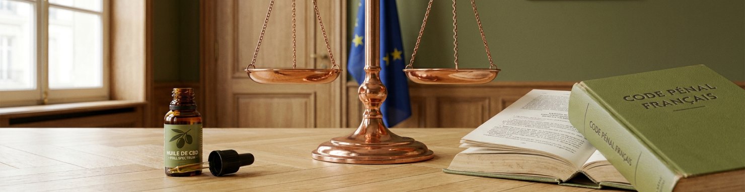 Balance de justice cuivre flacon CBD et code légal français symboles cadre légal CBD TDAH précautions