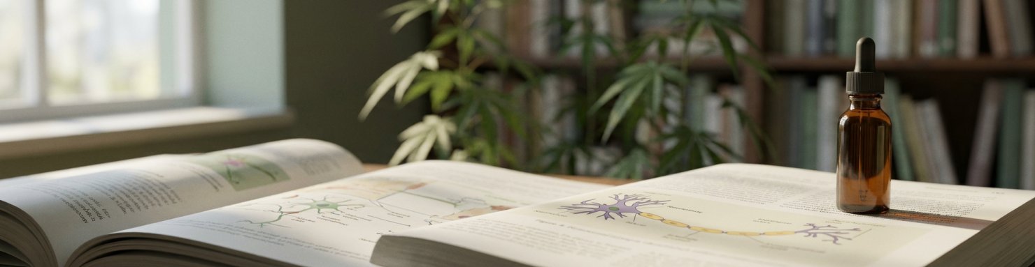 Flacon ambre d'huile sublinguale de cannabidiol posé sur livre de neuroscience pour études CBD TDAH