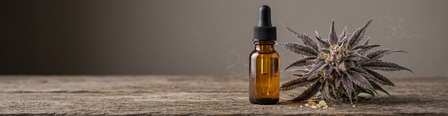 Flacon huile CBD ambré et fleur indica violette illustrant l'entourage cannabinoïdes mineurs et CBN