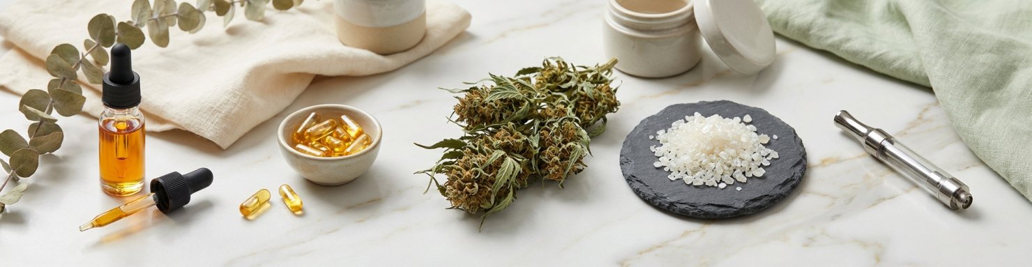 Différentes formes de CBG : huile, fleurs, cristaux isolats et produits dérivés