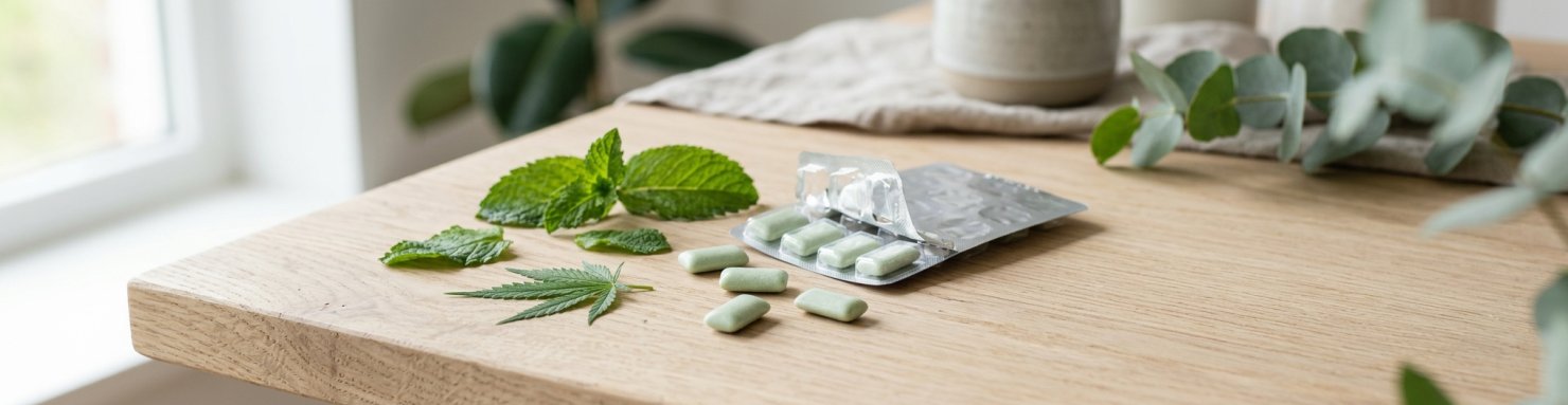 Chewing-gum au CBD à la menthe et feuille de chanvre posés sur une table