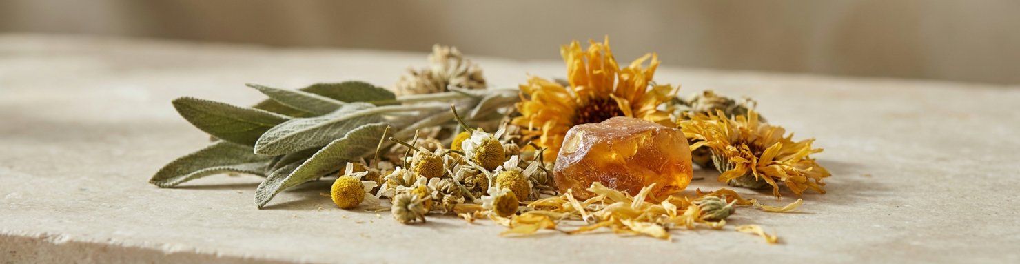 Résine ambrée et fleurs séchées illustrant la différence entre chichon et beuh