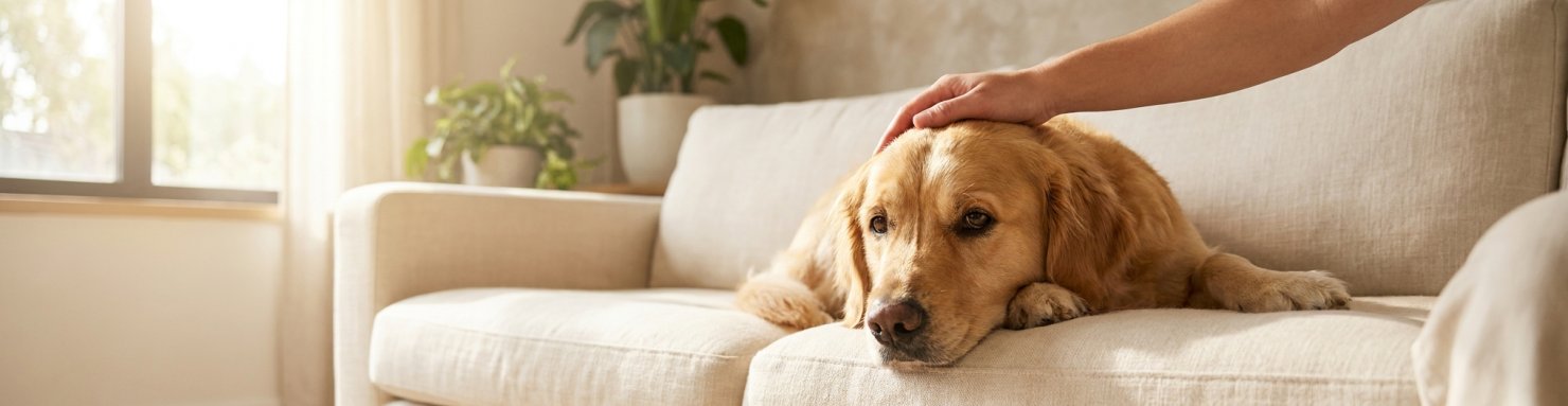 Chien attentif au repos sur un canapé, réconforté par la main de son propriétaire à la maison
