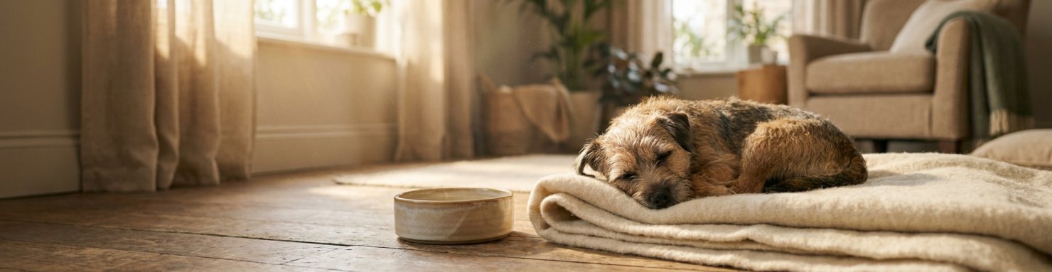 Chien qui récupère en dormant sur une couverture, gamelle d'eau posée à proximité