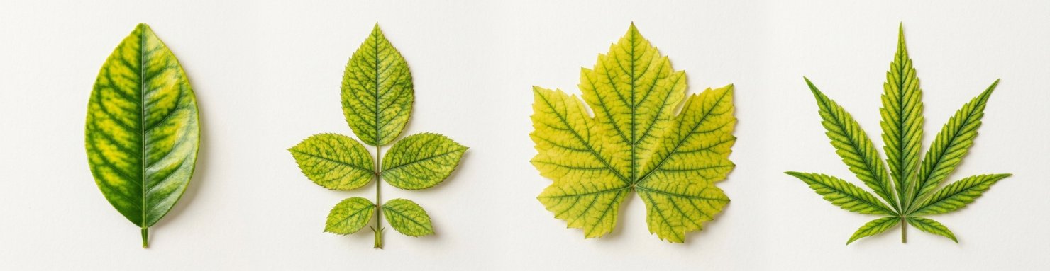 Feuilles de citronnier, rosier, vigne et cannabis présentant une chlorose internervaire