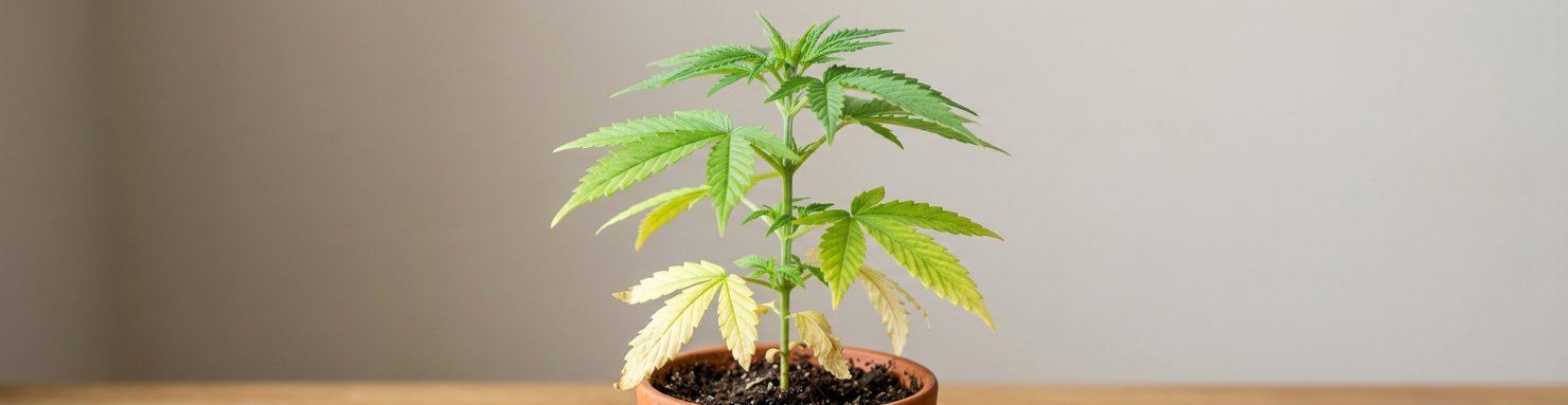 Jeune plant de cannabis dont les feuilles basses jaunissent tandis que les jeunes pousses restent vertes