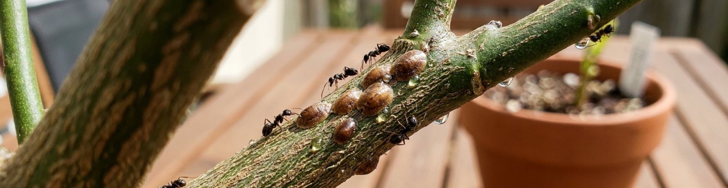 Fourmis récoltant le miellat d'une colonie de cochenilles à carapace sur un rameau