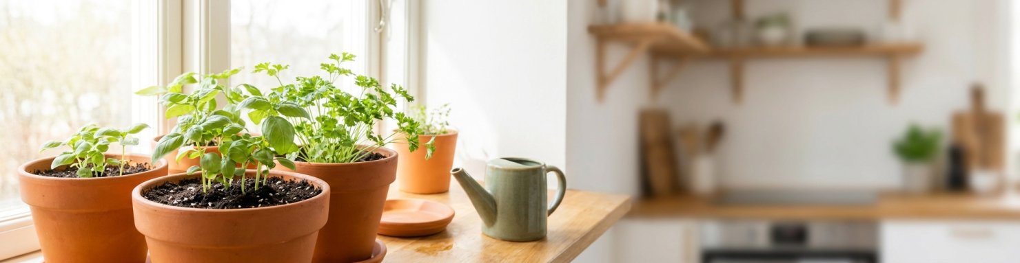 Pots d'aromatiques au terreau humide, milieu favorable au collembole en intérieur