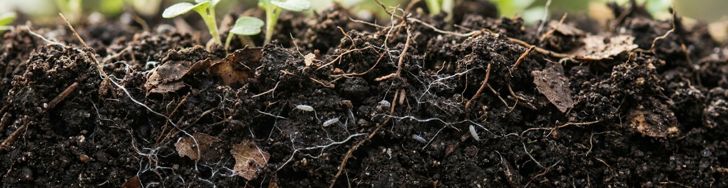 Collemboles blancs dans un sol vivant riche en humus et filaments de champignons