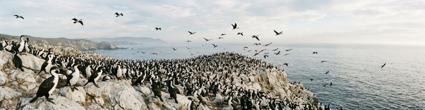 Colonie dense de cormorans producteurs de guano sur un promontoire rocheux face à l'océan Pacifique
