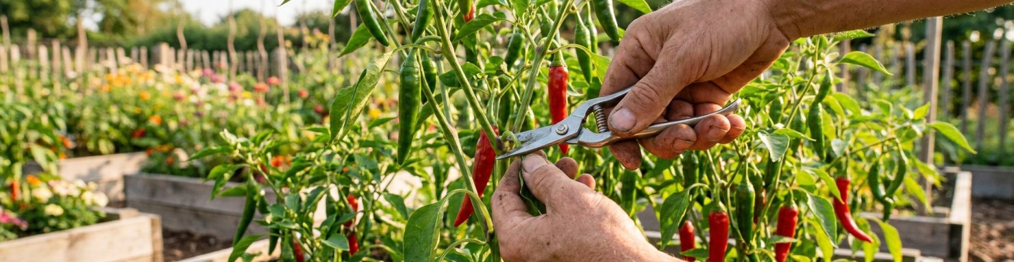 Mains qui taillent un plant de piment au sécateur juste au-dessus d'un nœud, au potager en été
