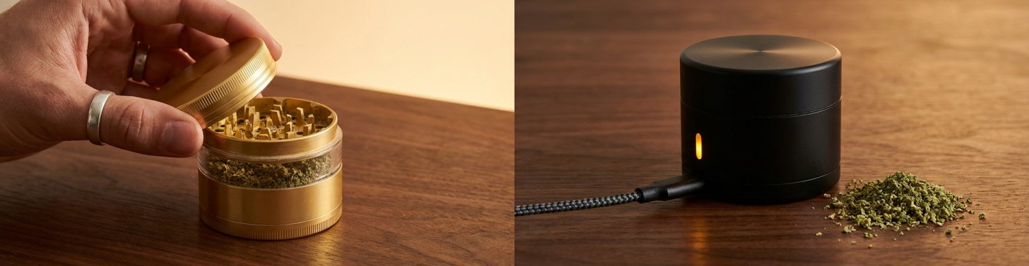 Comparatif visuel grinder cannabis manuel et électrique côte à côte sur surface bois