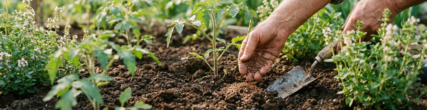 Application de corne broyée au pied d'un jeune plant de tomate au potager
