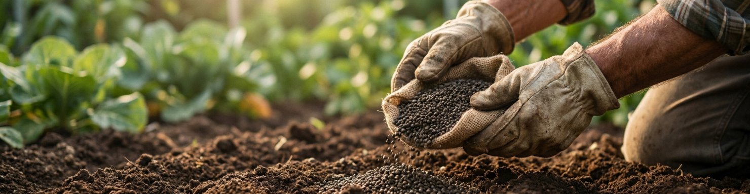 Corne broyée versée sur un sol de potager, engrais azoté organique à libération lente