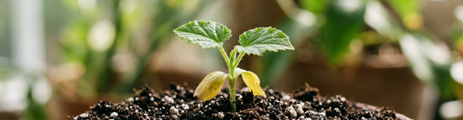 Cotylédons jaunissants sous les premières vraies feuilles d'une jeune plantule