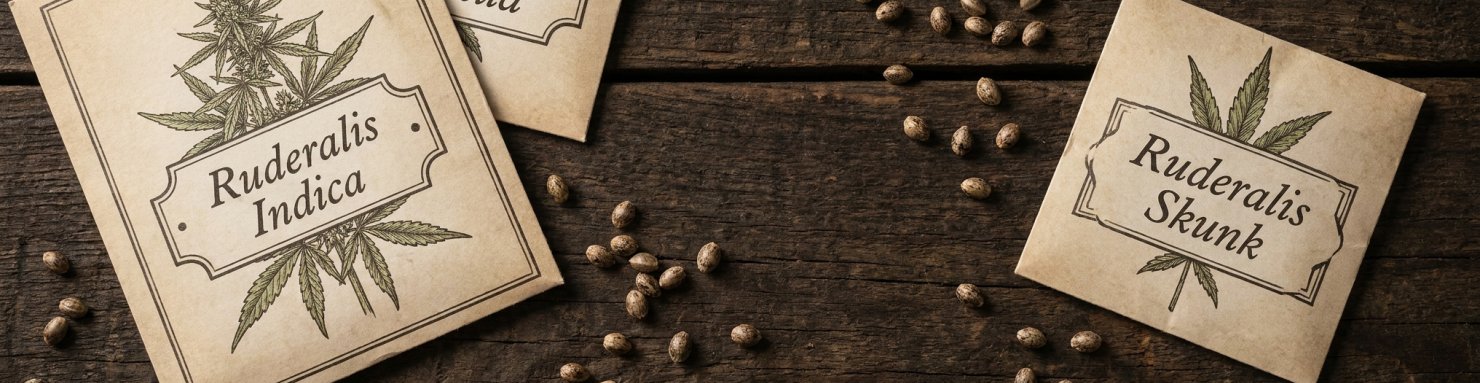Sachets de graines ruderalis indica et ruderalis skunk, références de collection chez les seedbanks historiques