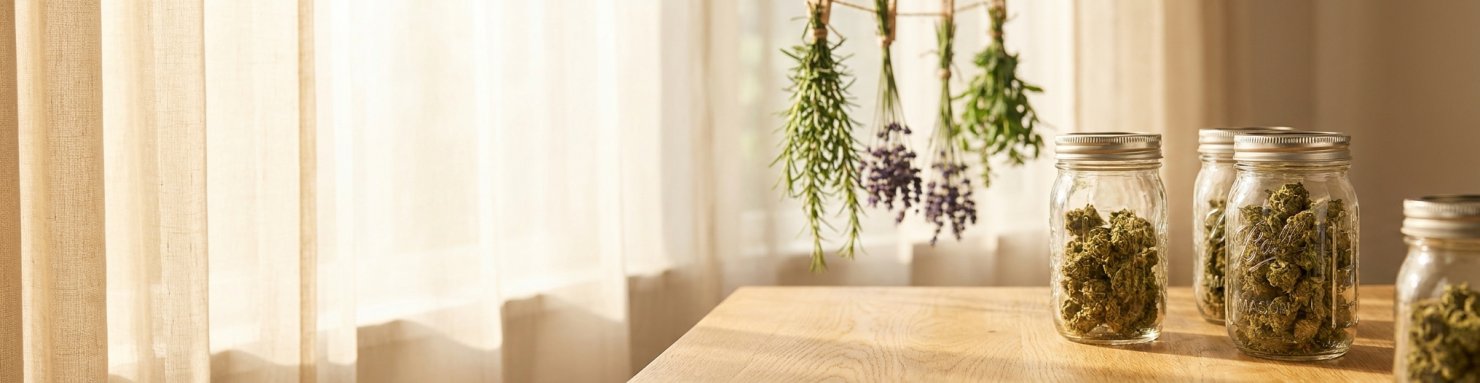 Bocaux en verre pour le curing du cannabis après le séchage des têtes