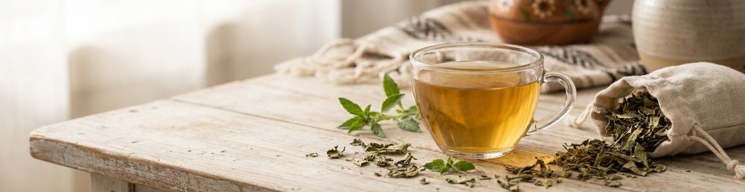 Feuilles séchées de damiana et tasse d'infusion sur une table rustique