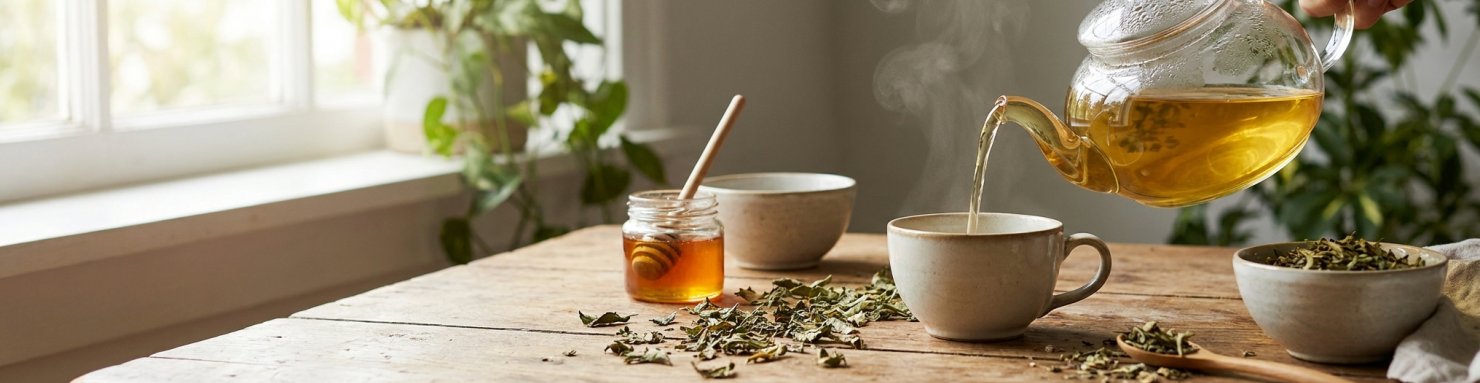 Préparation d'une tisane de damiana versée dans une tasse avec du miel