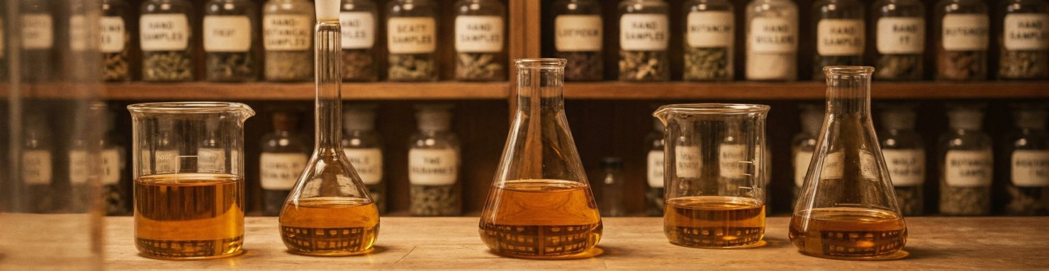 Verrerie vintage de laboratoire avec extraits cannabinoides isoles dans des ballons en verre