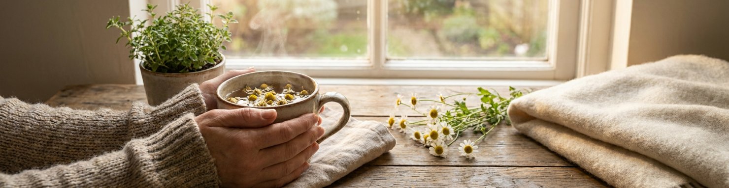 Mains tenant une tasse de tisane de camomille près d'une fenêtre, rituel d'ancrage et de détente face à la déréalisation