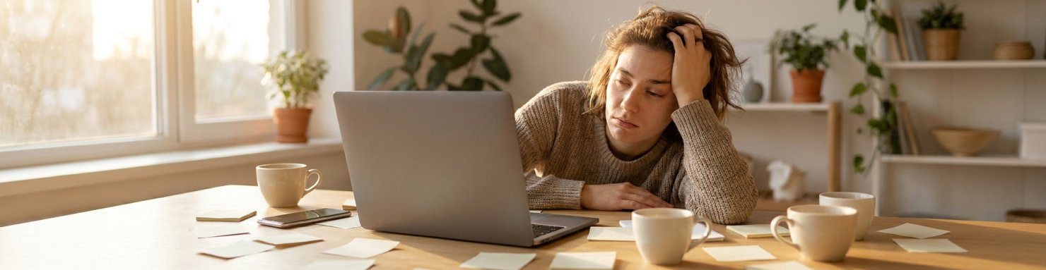 Jeune adulte épuisé devant un ordinateur entouré de tasses de café, stress et manque de sommeil parmi les causes de la déréalisation