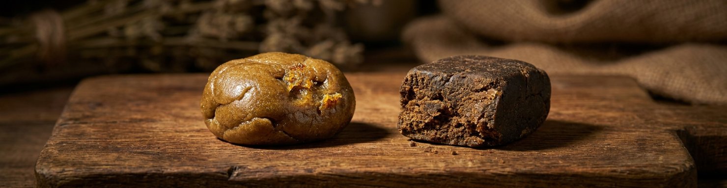 Comparaison visuelle entre le charas artisanal et le haschisch classique