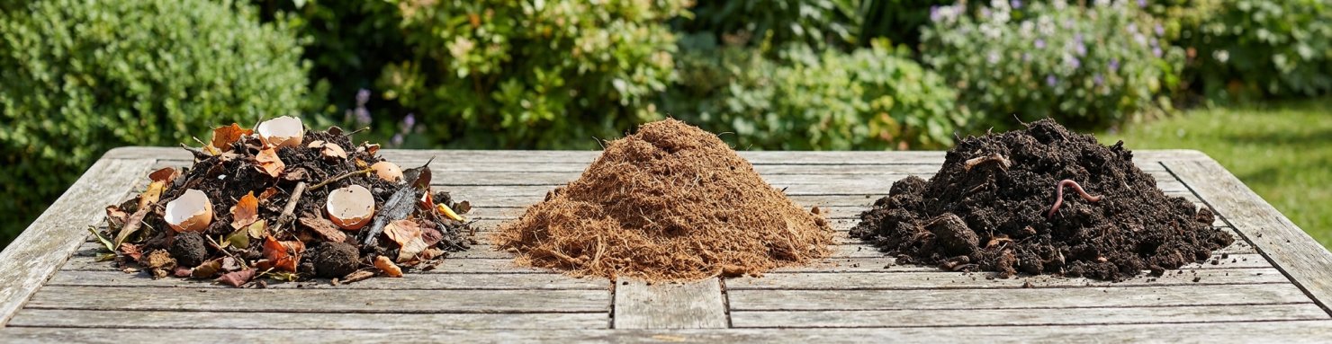 Compost, terreau en fibres et terre riche en humus posés côte à côte sur une table de jardin