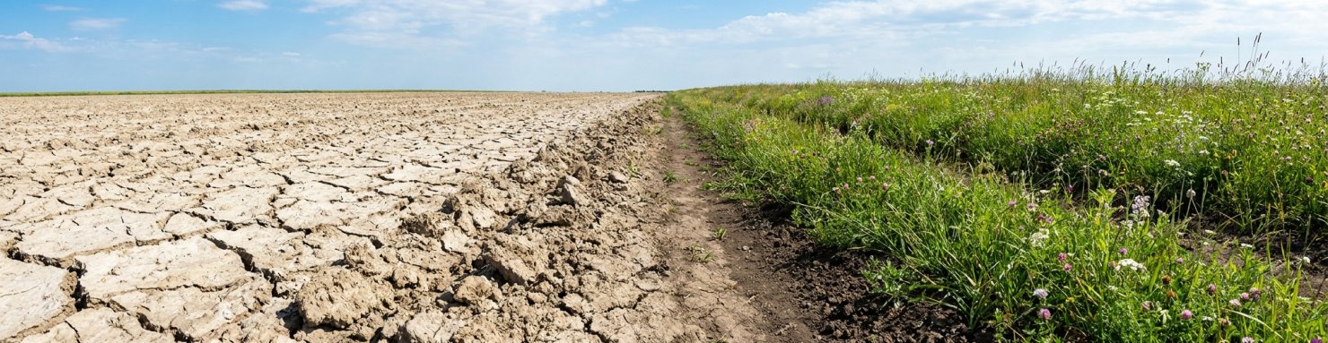 Sol cultivé nu et craquelé à côté d'une prairie fleurie au sol riche en humus