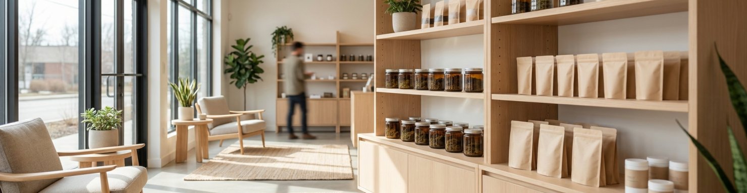 Intérieur lumineux d'un dispensaire de cannabis avec bocaux ambrés et étagères en bois