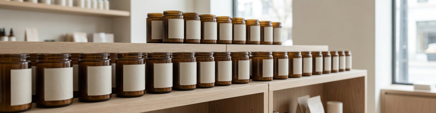 Bocaux ambrés alignés sur le comptoir en bois clair d'un dispensaire de cannabis