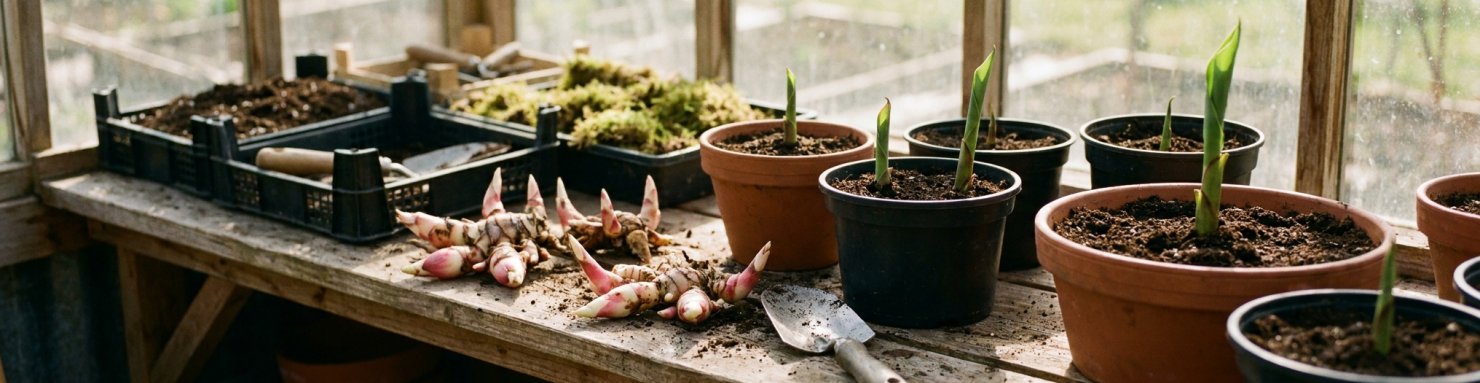 Rhizomes de cannas divisés avec bourgeons roses et jeunes pousses en pots sur un établi de serre au printemps