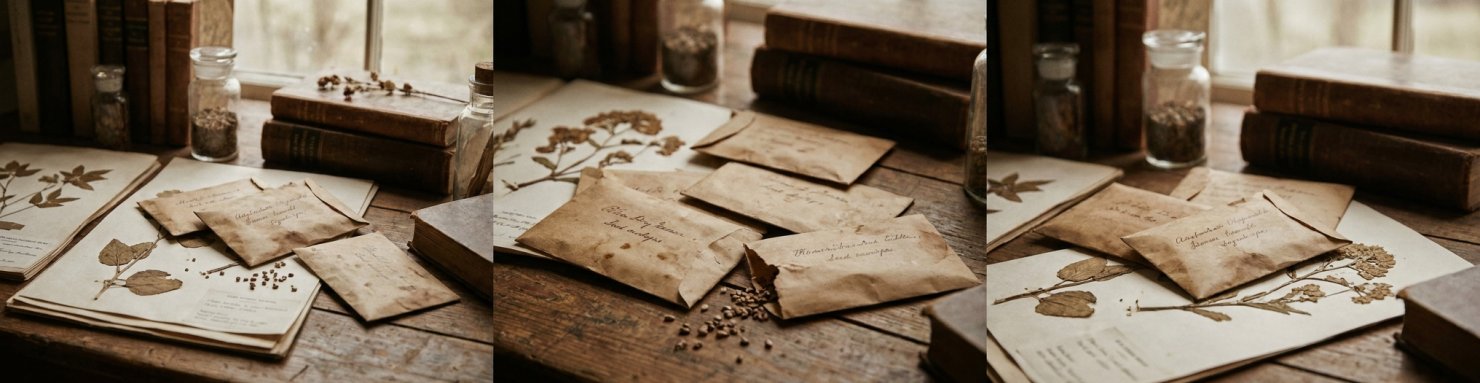 Collection patrimoniale d'enveloppes de graines sativa pure landrace dans une bibliothèque botanique vintage