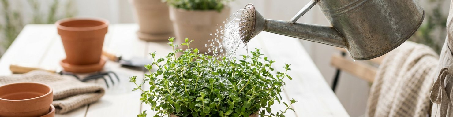 Arrosoir versant de l'eau claire sur des plantes aromatiques, meilleure alternative à l'eau sucrée