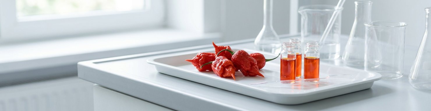 Piments Carolina Reaper et extraits de capsaïcine en laboratoire pour la mesure sur l'échelle de Scoville