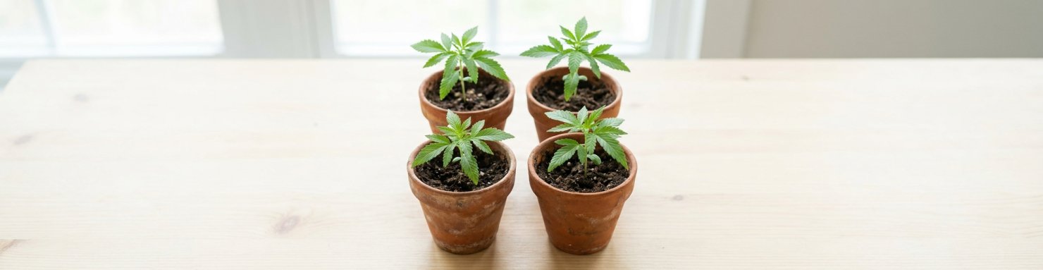 Quatre jeunes plants de cannabis disposés en grille évoquant un échiquier de croisement génétique